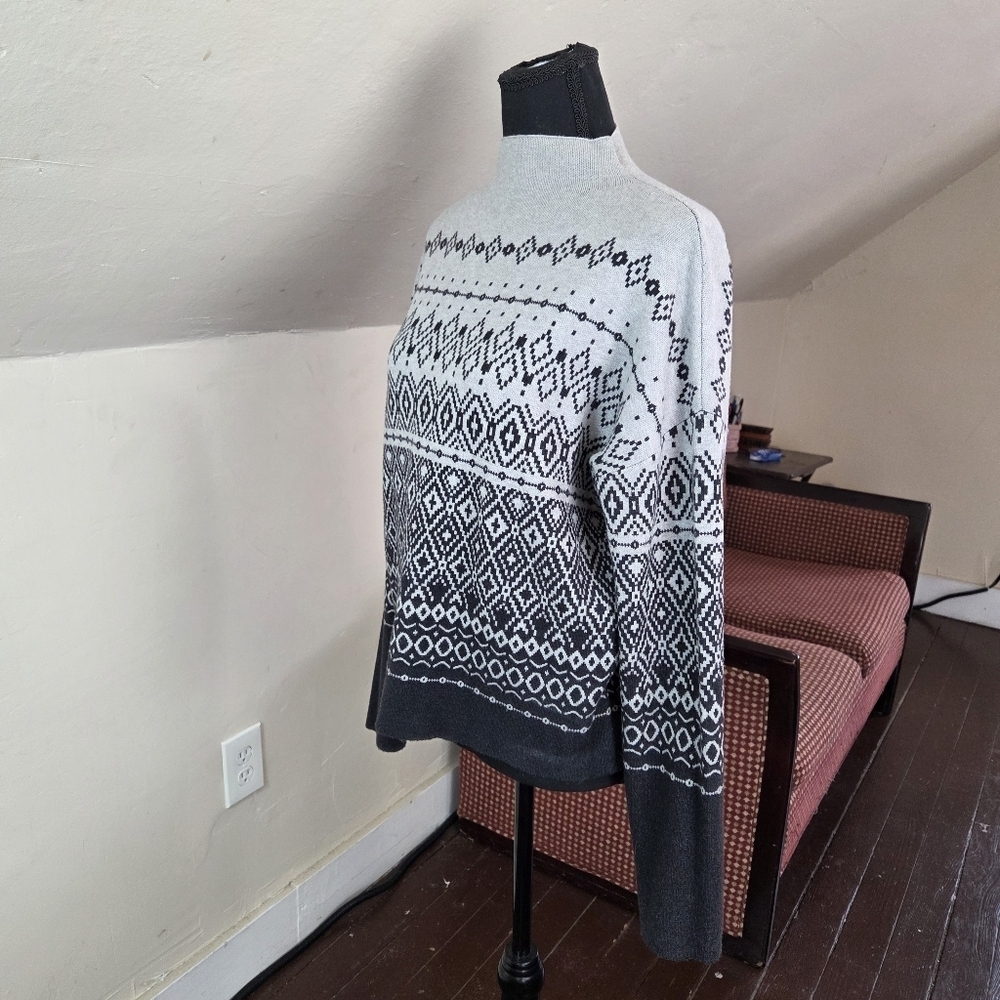 Joie Gray Black Fair Isle Sweater M Mock Neck Stretchy Knit Pullover - Picture 3 of 12